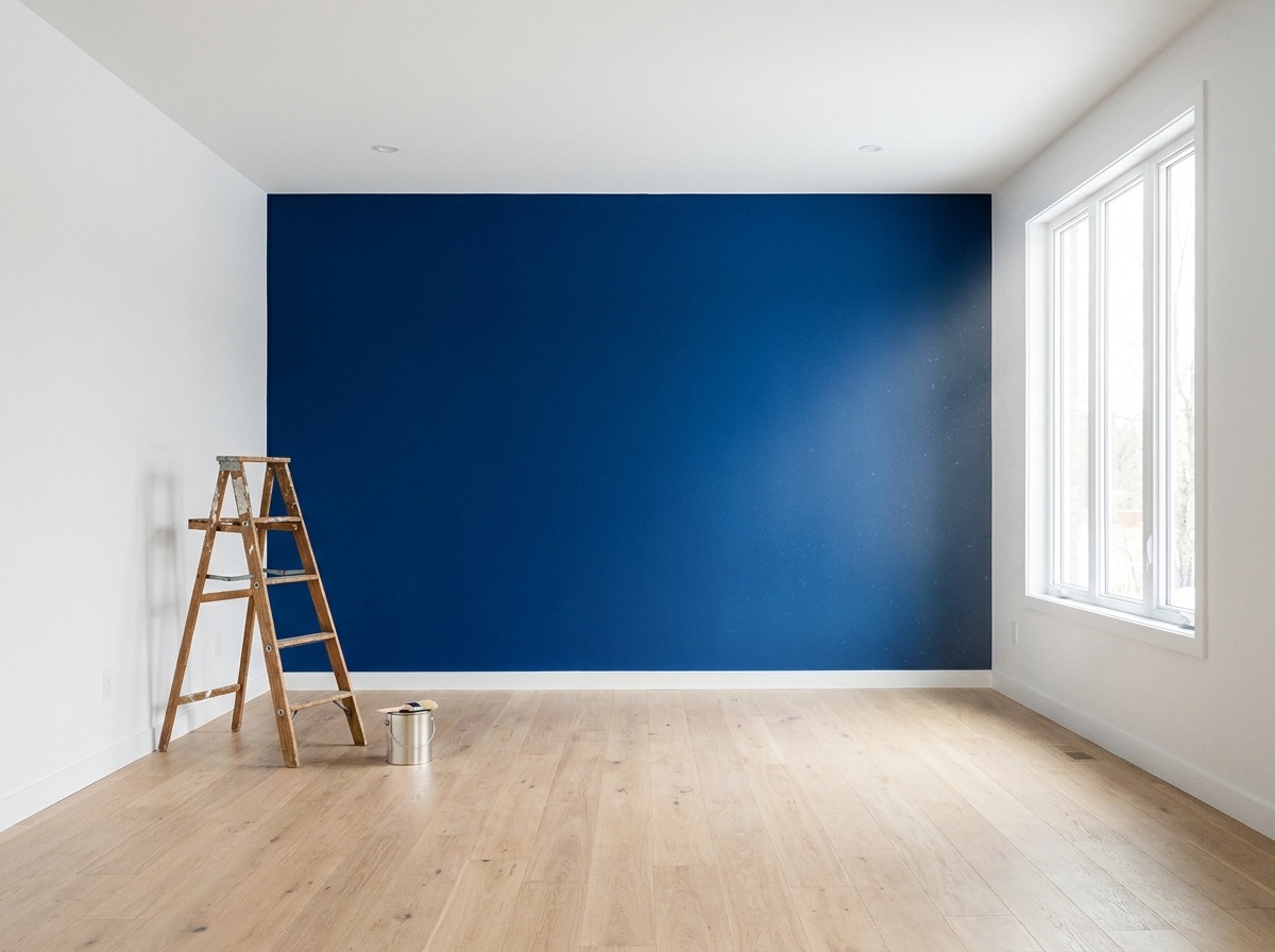 Renovierter Raum mit blauer Wand
